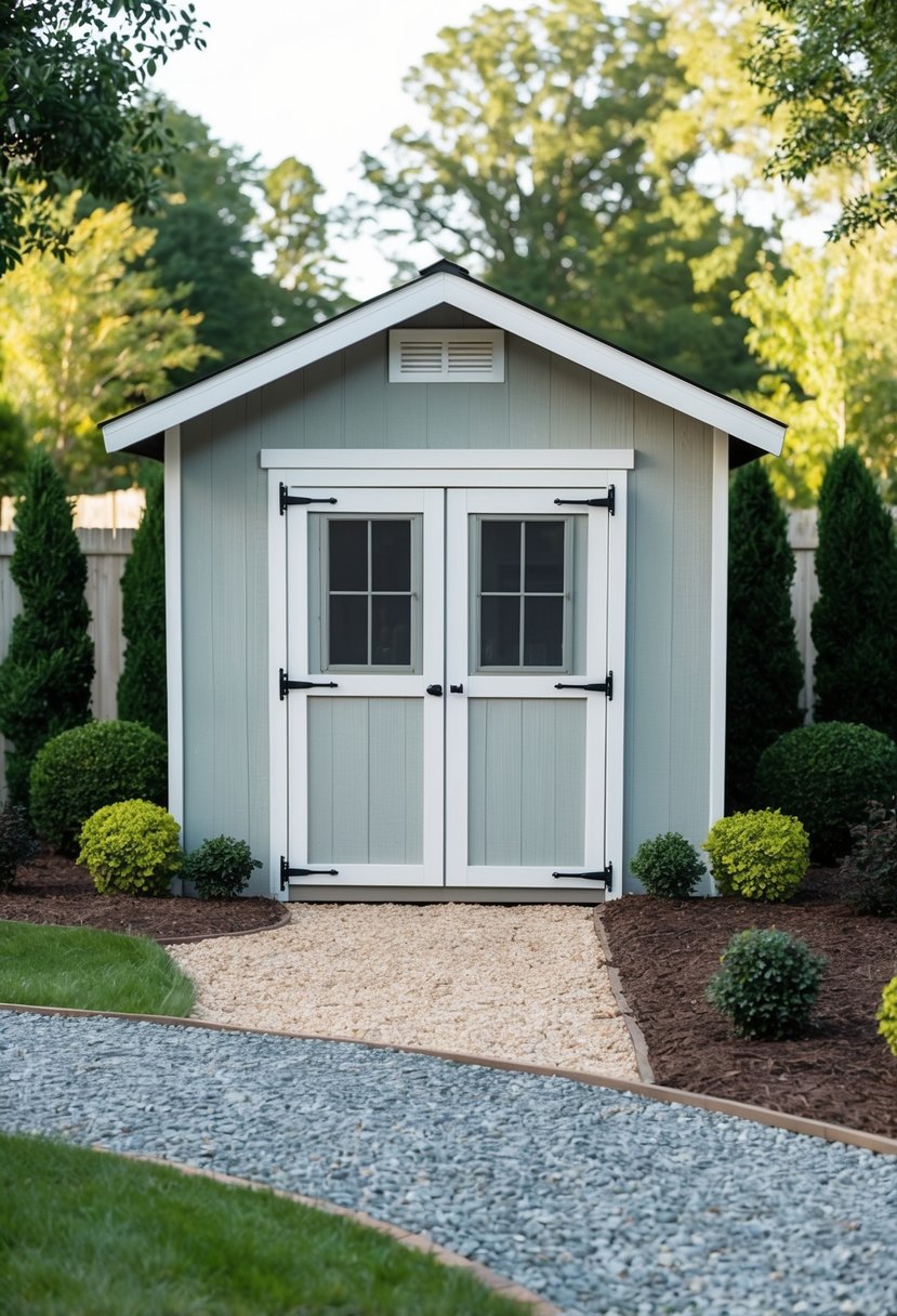 A 12x24 shed with a gabled roof, double doors, and a window on each side, surrounded by neatly trimmed landscaping and a gravel pathway