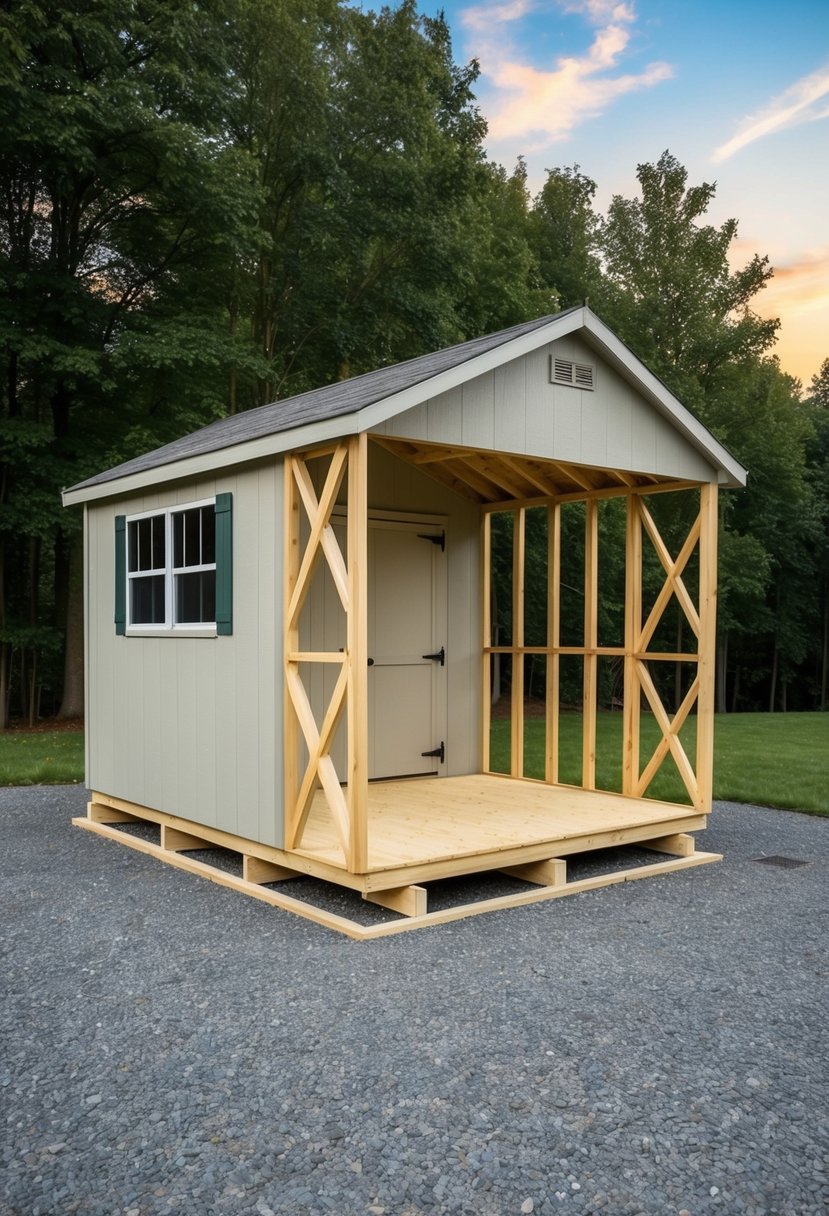 A 12x24 shed stands on a level foundation, with sturdy framing and cross-bracing. The layout includes space for windows and a door