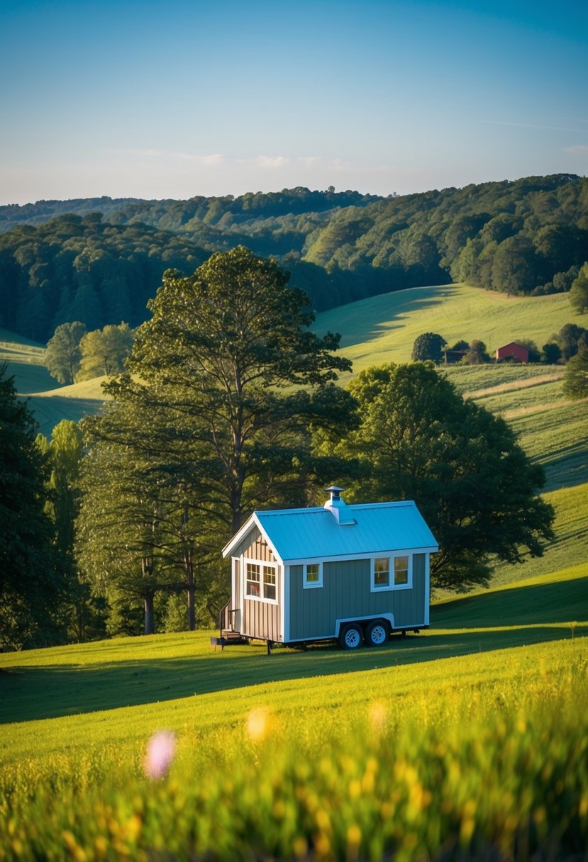 A cozy tiny house nestled in the lush Georgia countryside, surrounded by rolling hills and tall trees, with a clear blue sky overhead