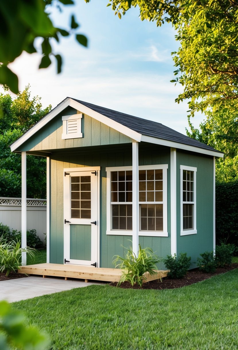 A 12x24 shed sits in a spacious backyard, surrounded by lush greenery. The shed features large windows and a charming porch, with a sloped roof and a cozy, inviting design