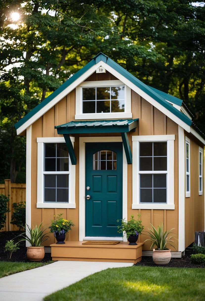 A shed transformed into a tiny house, complete with windows, a front door, and a small porch. The exterior is painted a warm, inviting color, and there is a small garden with potted plants surrounding the entrance