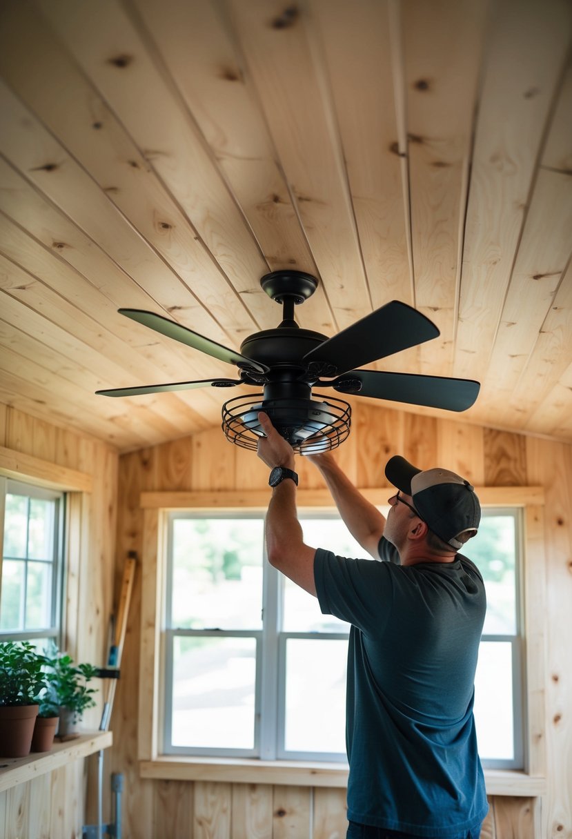 A person is installing a ceiling fan in a shed turned tiny house, using tools and following 24 tips