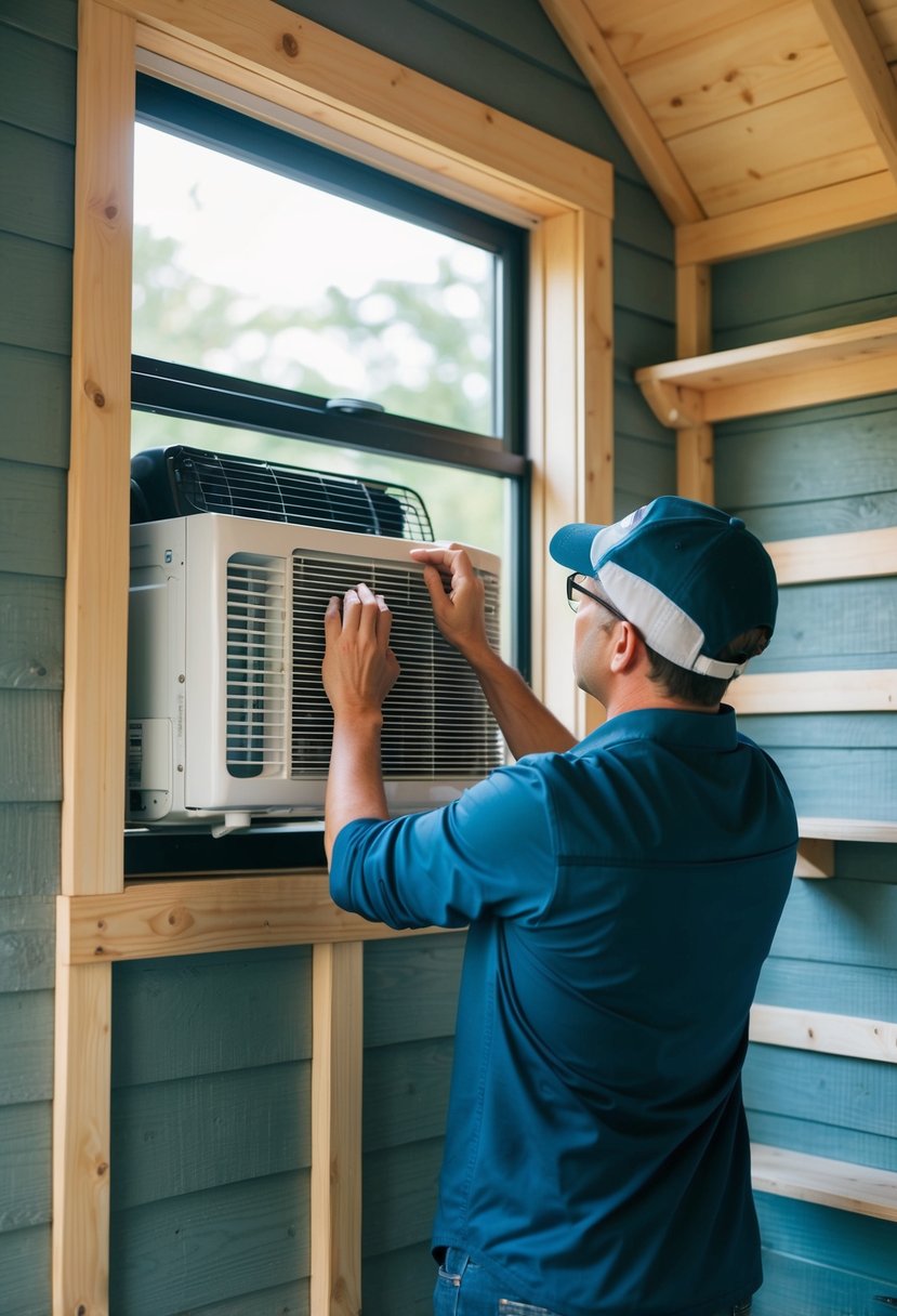 A person installs a window air conditioner in a shed turned tiny house, following 24 tips