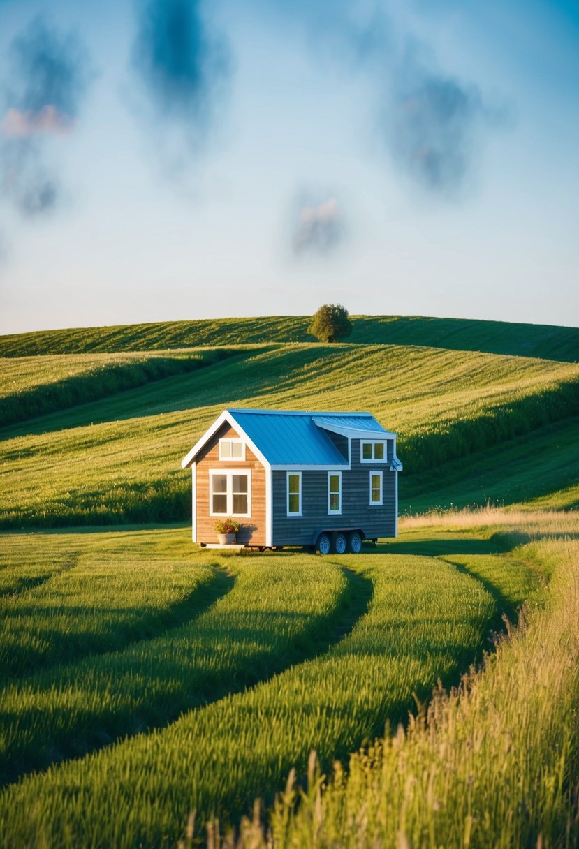 A cozy tiny house nestled in the rolling hills of Nebraska, surrounded by green fields and clear blue skies