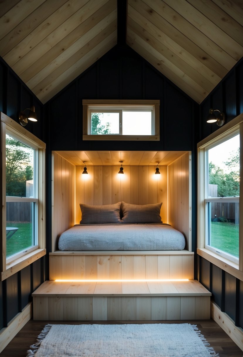 A dimly lit shed transformed into a cozy tiny house with bright, modern lighting fixtures installed throughout the space