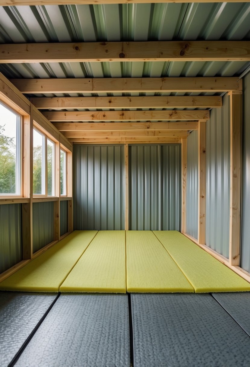 The shed's floor is transformed into a sturdy, cushioned surface, with layers of insulation and durable flooring material