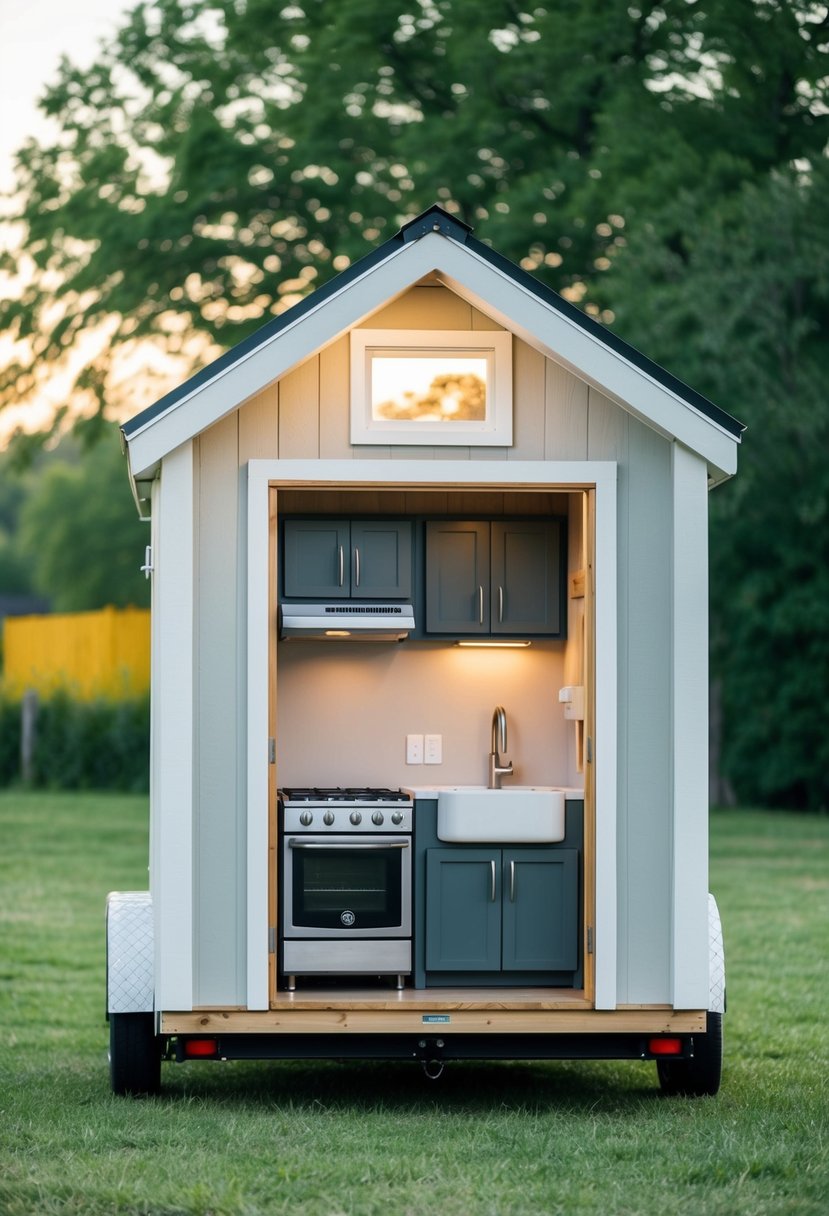 A shed transformed into a tiny house with a kitchenette, featuring a compact stove, sink, and storage cabinets