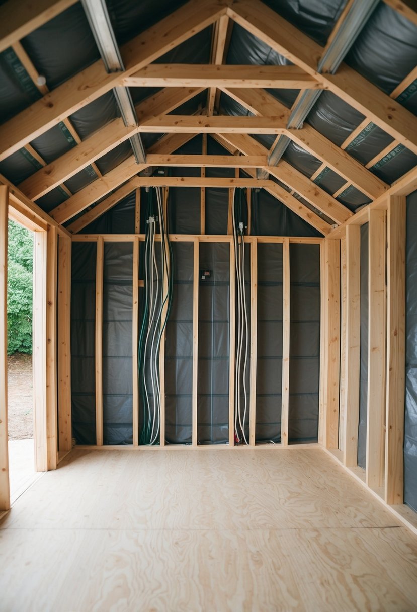 A shed with exposed beams and insulation, with electric wiring being installed along the walls and ceiling