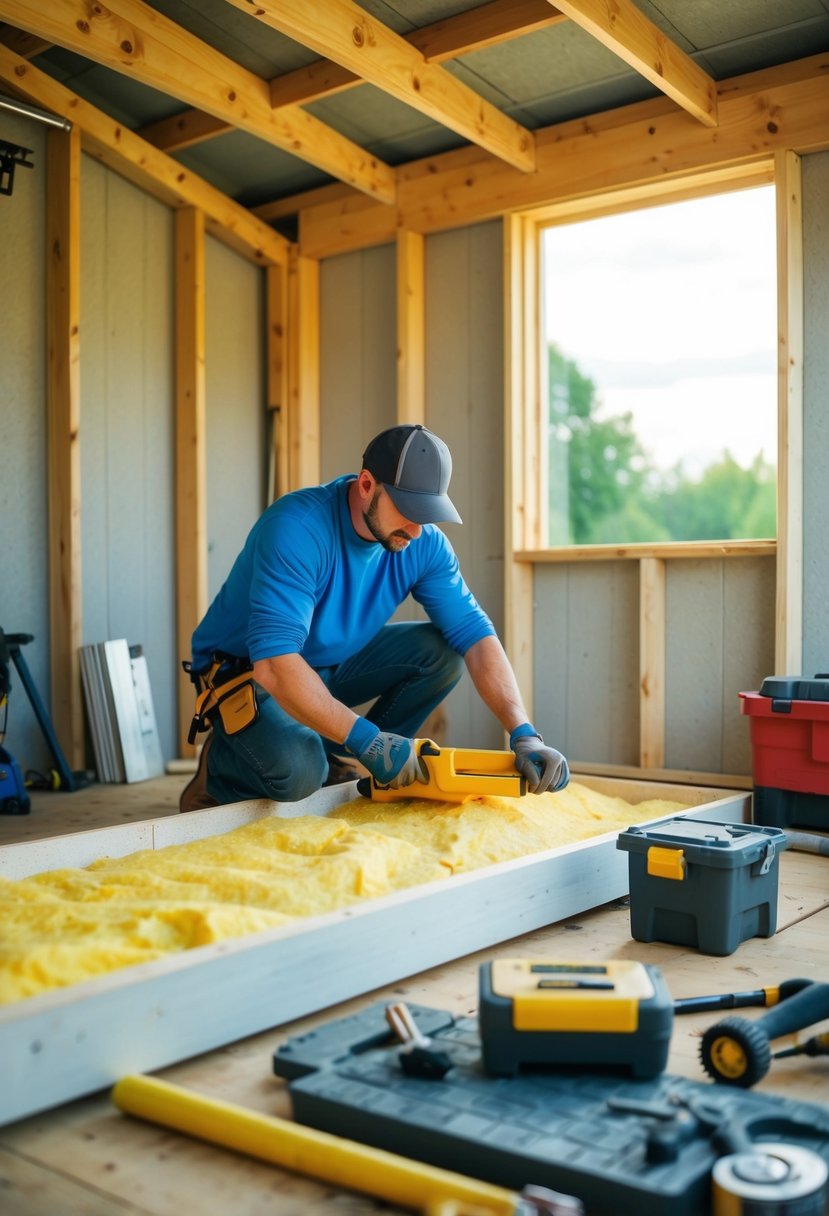 A person installing insulation in a shed, using various tools and materials, with a focus on the process and progress