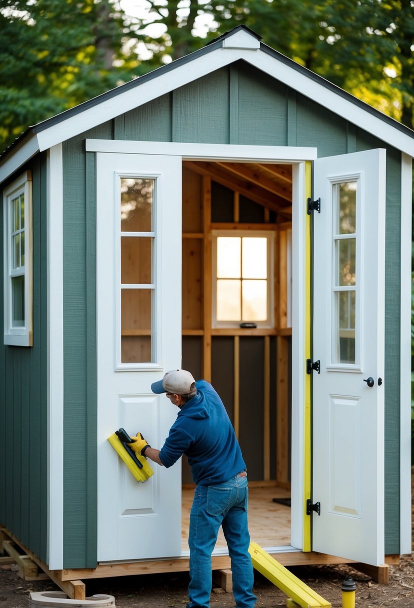 The shed is being transformed, with weather stripping being applied to the doors and windows to create a cozy tiny house