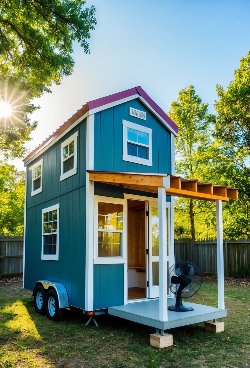 A shed transformed into a tiny house, with insulation, windows, and a small porch. The sun beats down on the roof as a fan spins inside