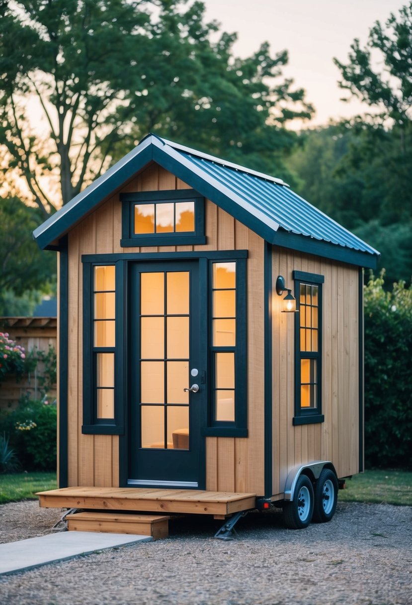 A small shed transformed into a cozy tiny house with added windows, a front door, and a small porch