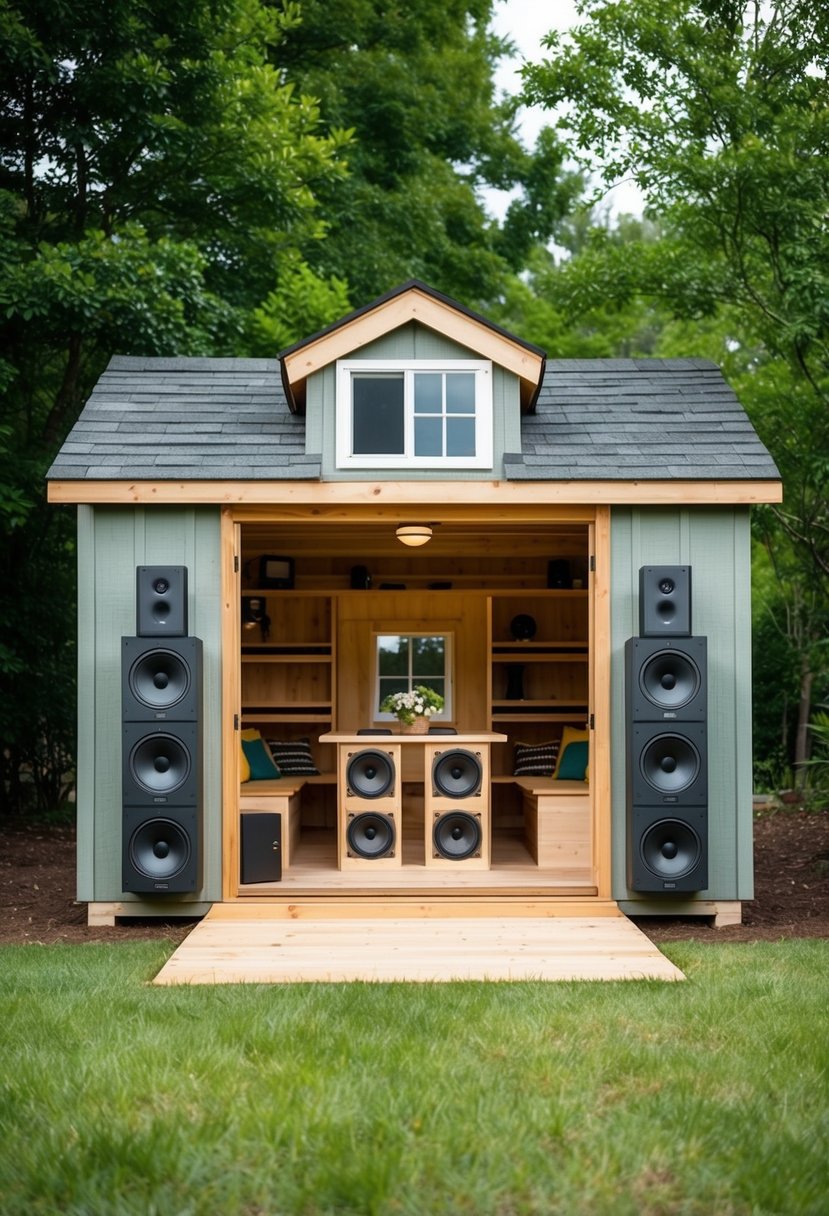 A small shed transformed into a cozy tiny house, featuring 24 speakers placed strategically around the space for optimal sound distribution