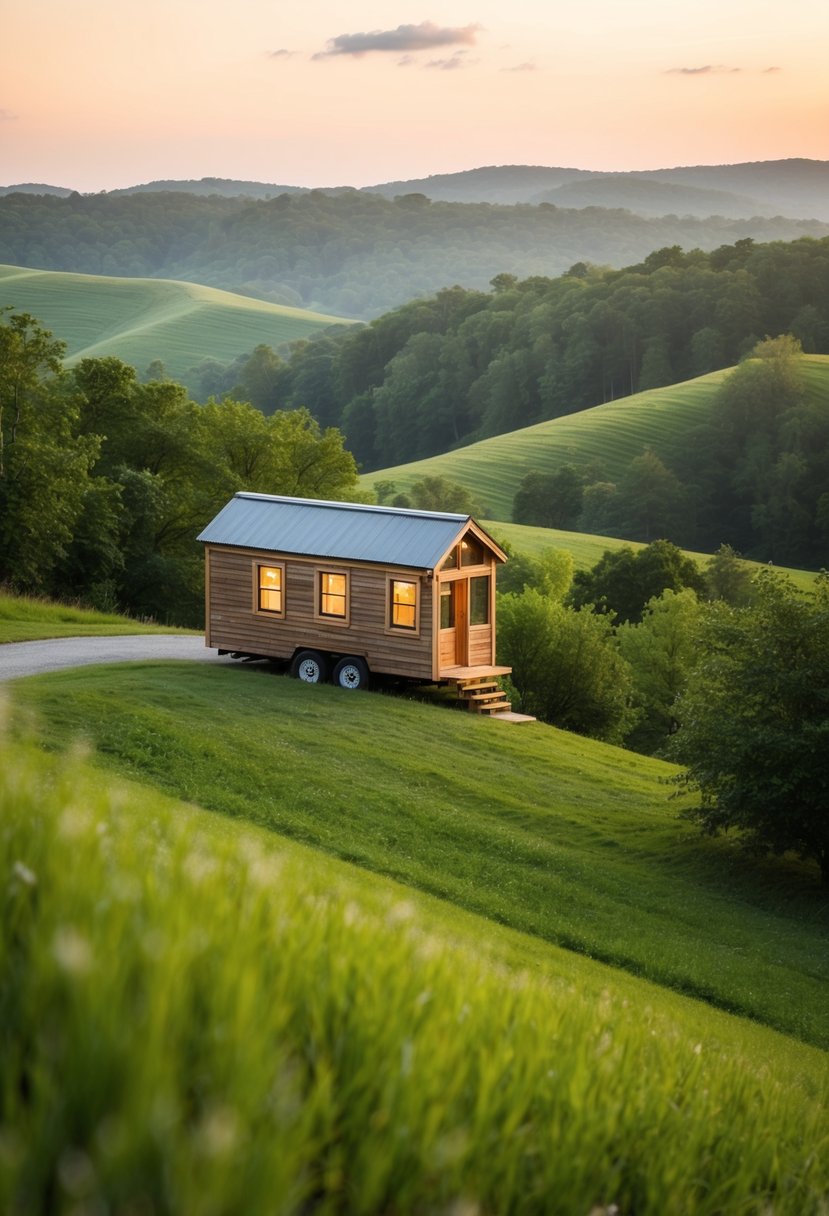 A cozy tiny house nestled among the rolling hills of Kentucky, surrounded by lush greenery and a peaceful, serene atmosphere