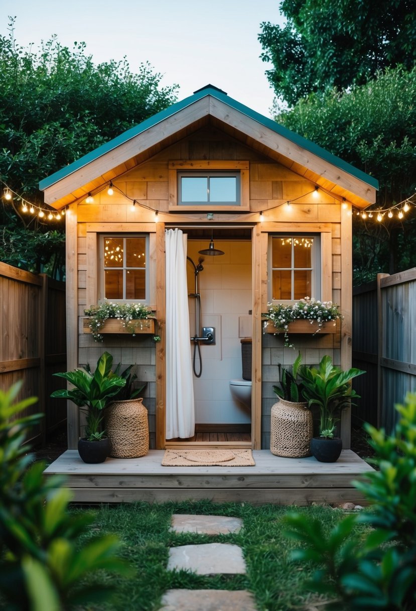 A rustic shed transformed into a cozy tiny house, complete with a shower, surrounded by lush greenery and twinkling string lights