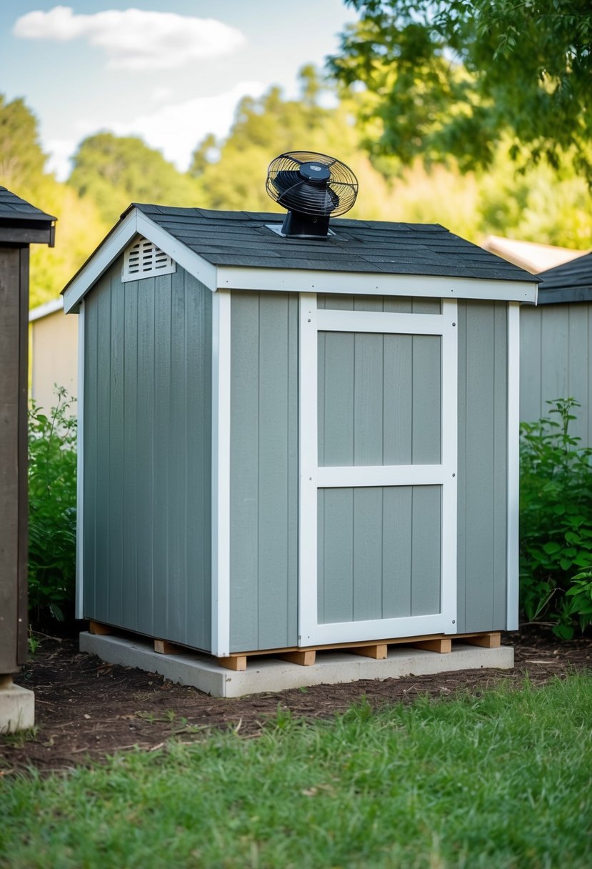 A small shed with a ventilation/exhaust fan installed on the roof, surrounded by greenery and possibly other outbuildings