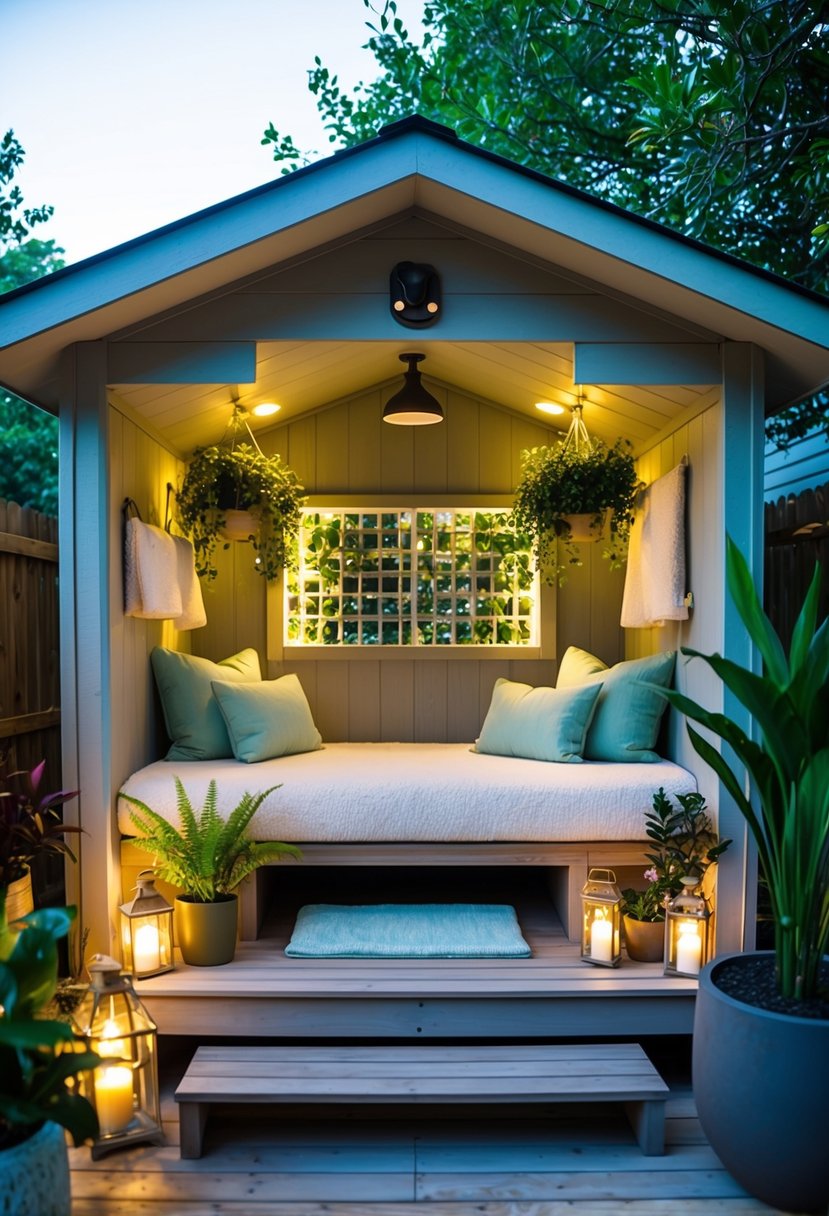 A cozy shed with spa-like decor, soft lighting, and comfortable furnishings. Plants and soothing colors create a tranquil atmosphere