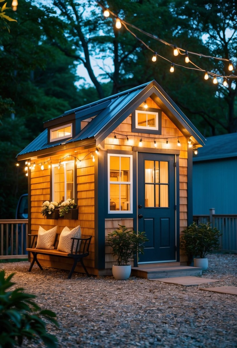 A cozy shed-turned-tiny house adorned with string lights, creating a warm and inviting atmosphere