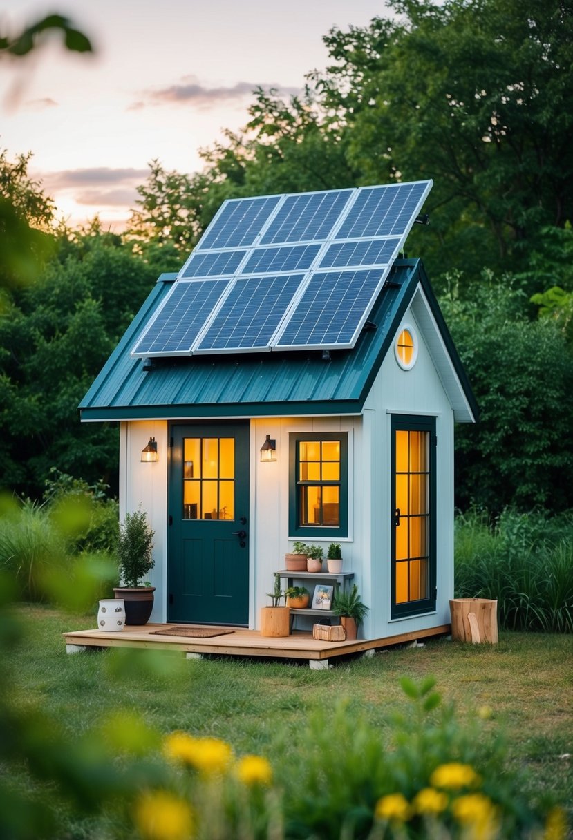 A small shed with solar panels on the roof, surrounded by greenery and equipped with various tiny house amenities