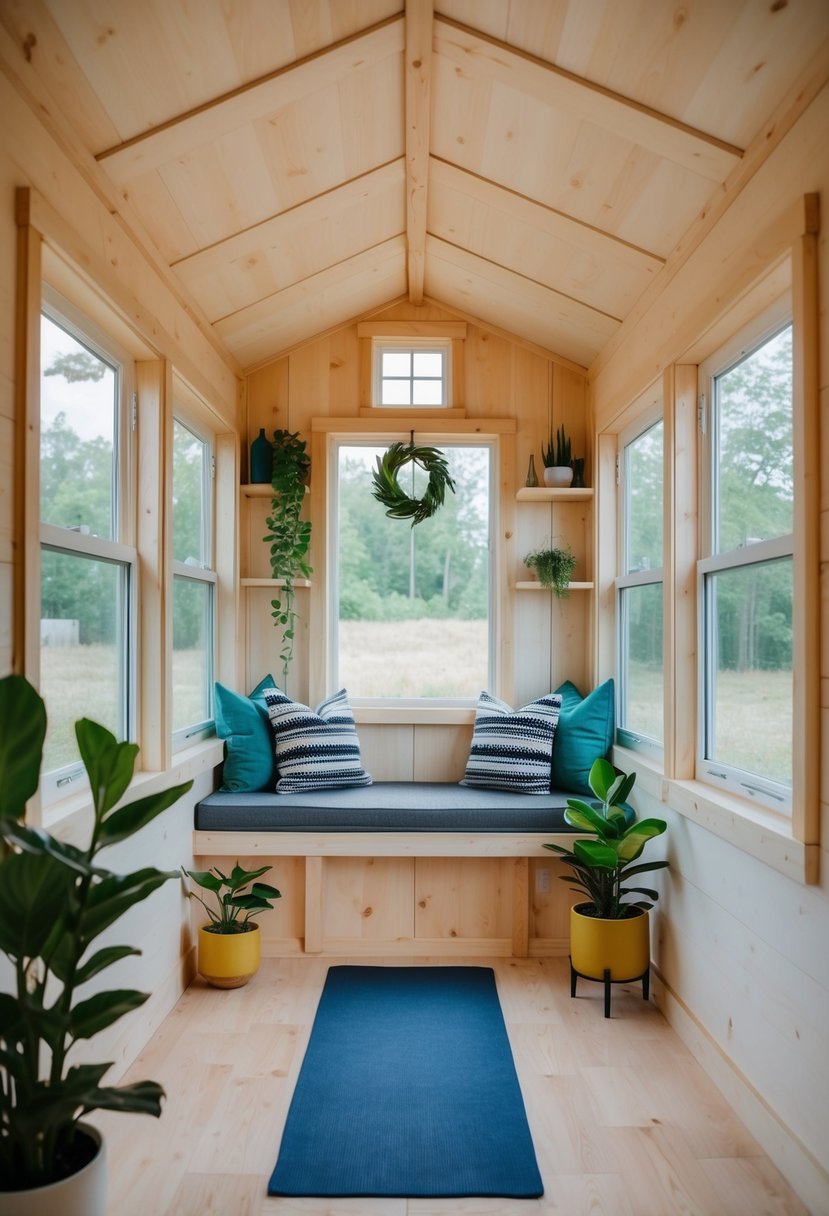 A cozy shed converted into a tiny house, with a yoga corner featuring a mat, plants, and natural light streaming through the windows