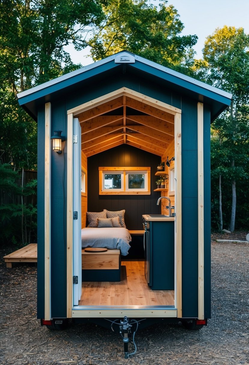 A shed transformed into a tiny house, with insulation, windows, and a small heating system. Cozy interior with a bed, kitchenette, and living space