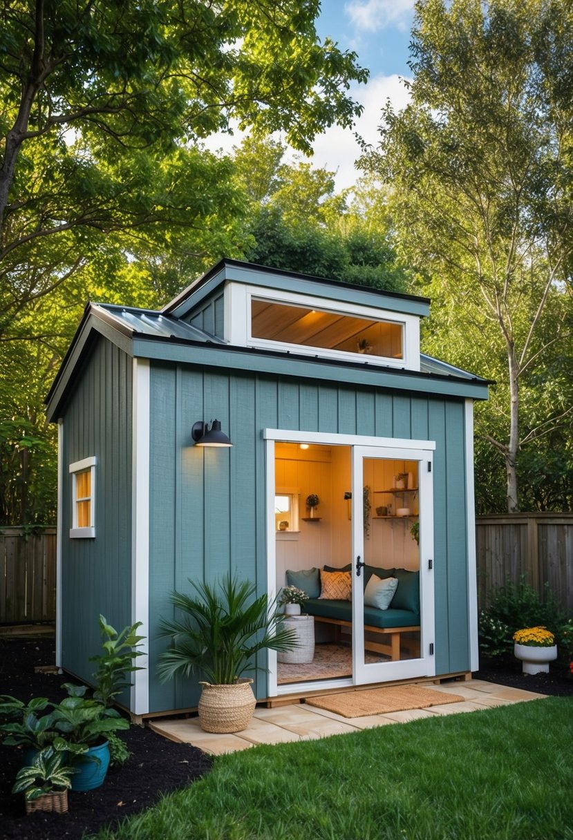 A shed with a skylight, surrounded by trees and a small garden, with a cozy interior and various amenities for tiny house living