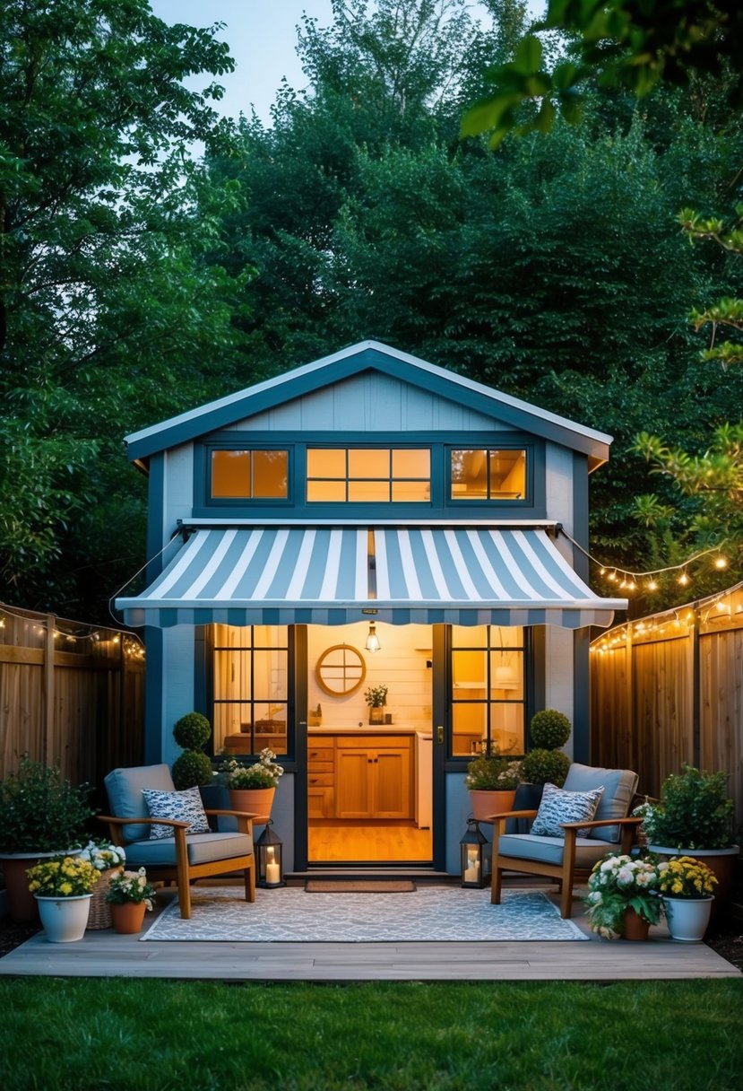 A shed transformed into a tiny house with a retractable awning, surrounded by lush greenery and flower pots, with cozy outdoor furniture and twinkling string lights