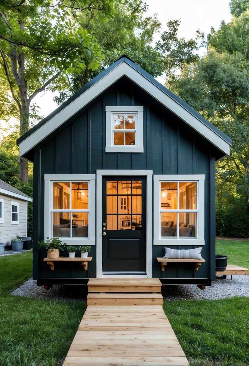 A shed transformed into a tiny house with clever storage solutions, cozy furniture, and efficient use of space. Windows let in natural light, and a small porch adds charm