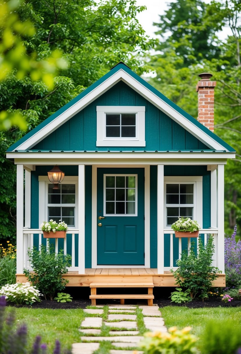 A cozy shed with a front porch, surrounded by greenery and flowers. Windows and a small chimney add charm to the tiny house