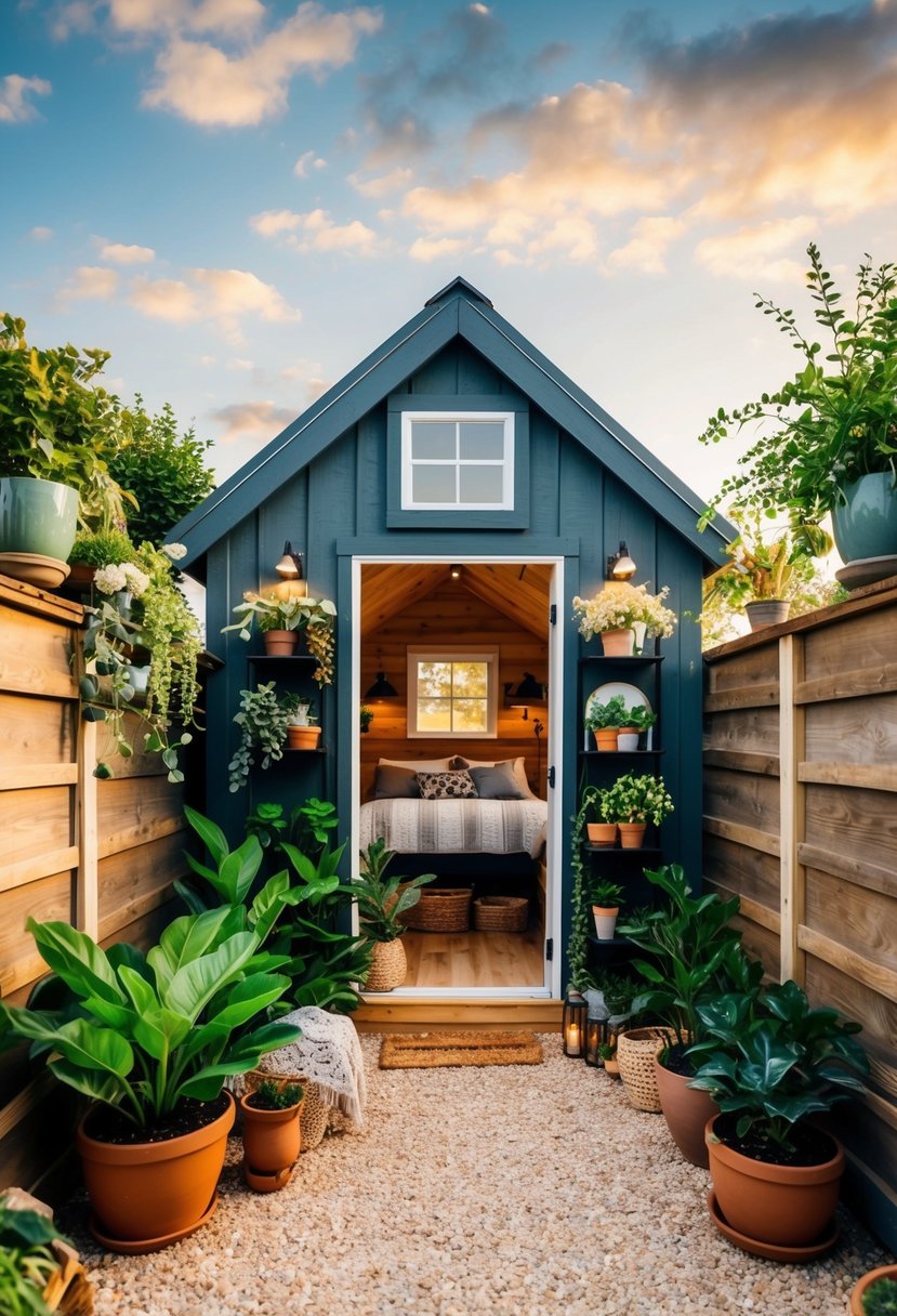 Lush potted plants and cozy decor fill a shed turned tiny house, creating a warm and inviting space