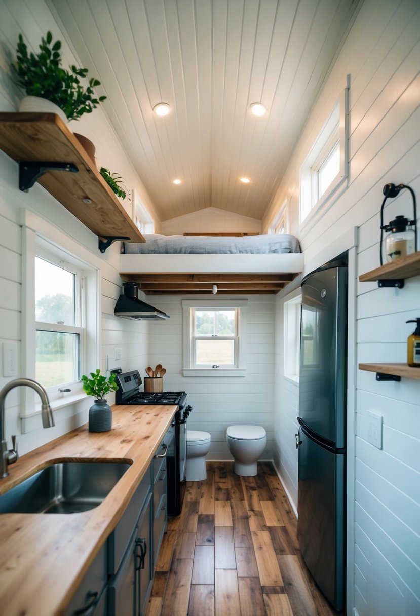 A cozy 12x24 tiny house with a compact kitchen, a small living area, a loft bedroom, and a bathroom with a space-saving layout