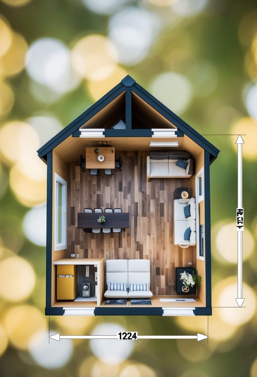 A bird's eye view of a 12x24 tiny house floor plan with labeled rooms, furniture, and dimensions