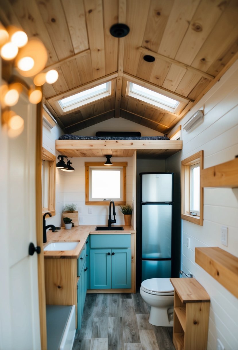 A cozy 12x24 tiny house with 1 bedroom, featuring a compact living area, kitchen, and bathroom, all efficiently laid out within the small space