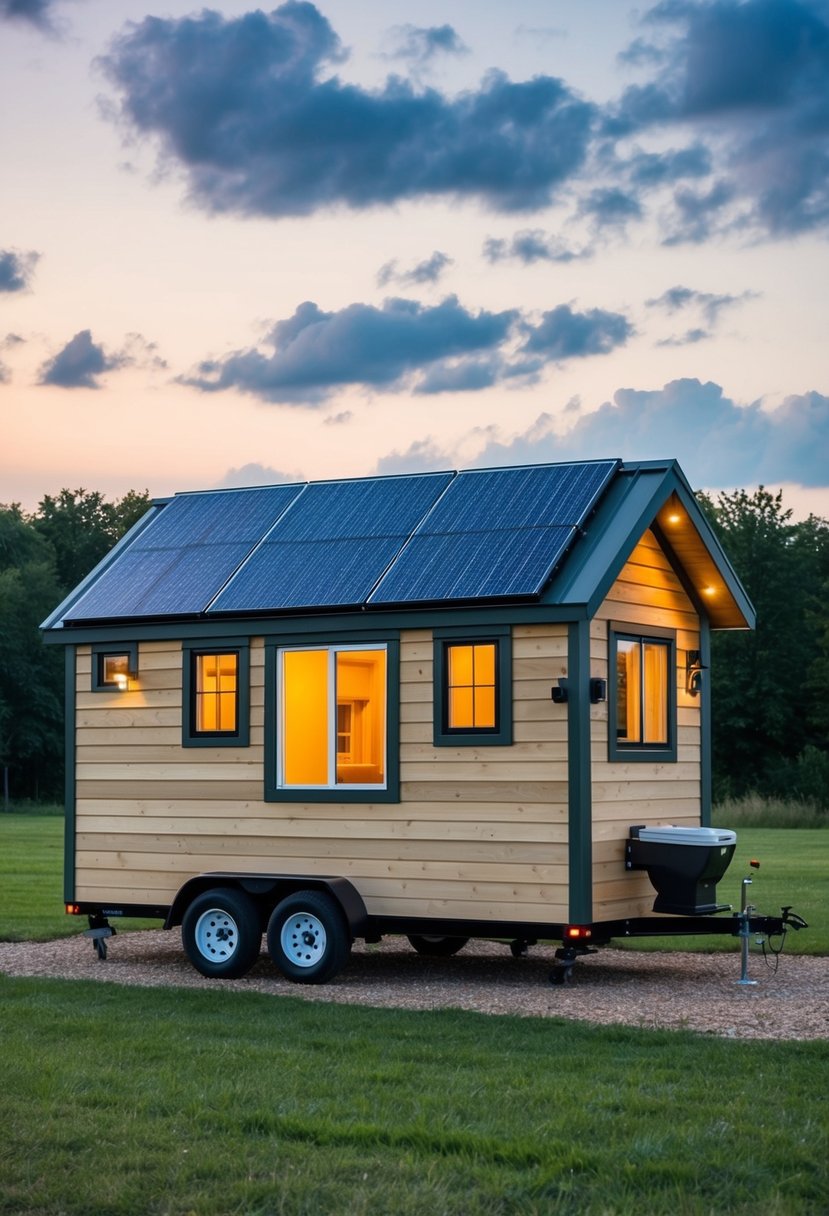 A 12x24 tiny house with integrated resources, including solar panels, rainwater collection, and a composting toilet