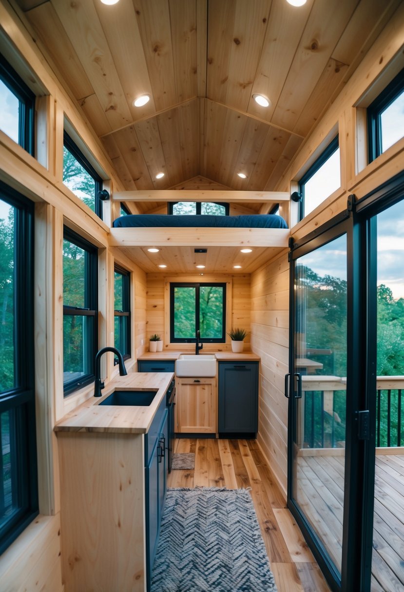 A cozy 12x24 tiny house floor plan with a loft bed, compact kitchen, and small living area with large windows and a sliding glass door leading to a deck