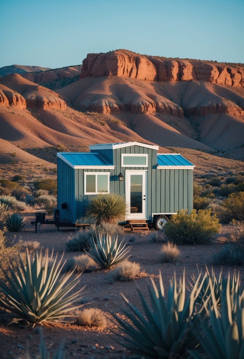 A tiny house nestled in the rugged New Mexico landscape, surrounded by desert plants and under a clear blue sky