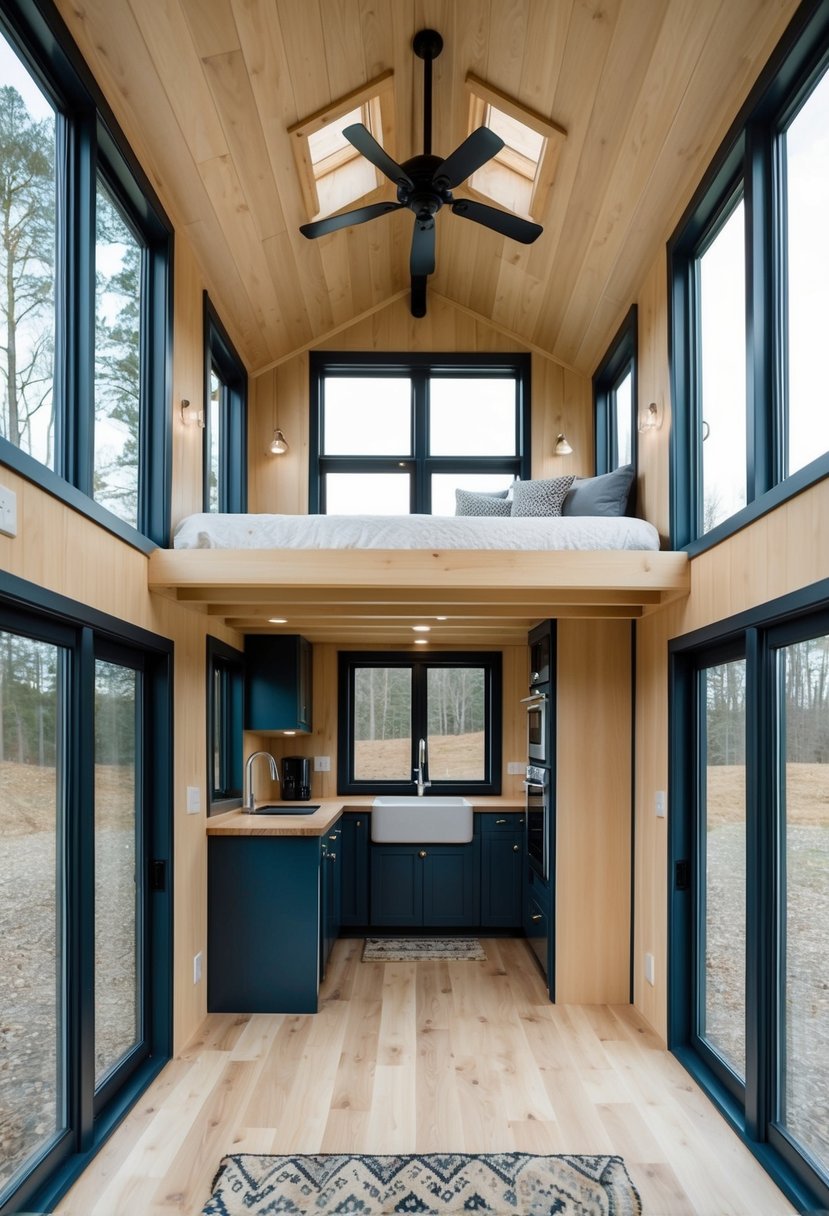 A cozy 12x24 tiny house floor plan with a loft bedroom, compact kitchen, and open living area with large windows