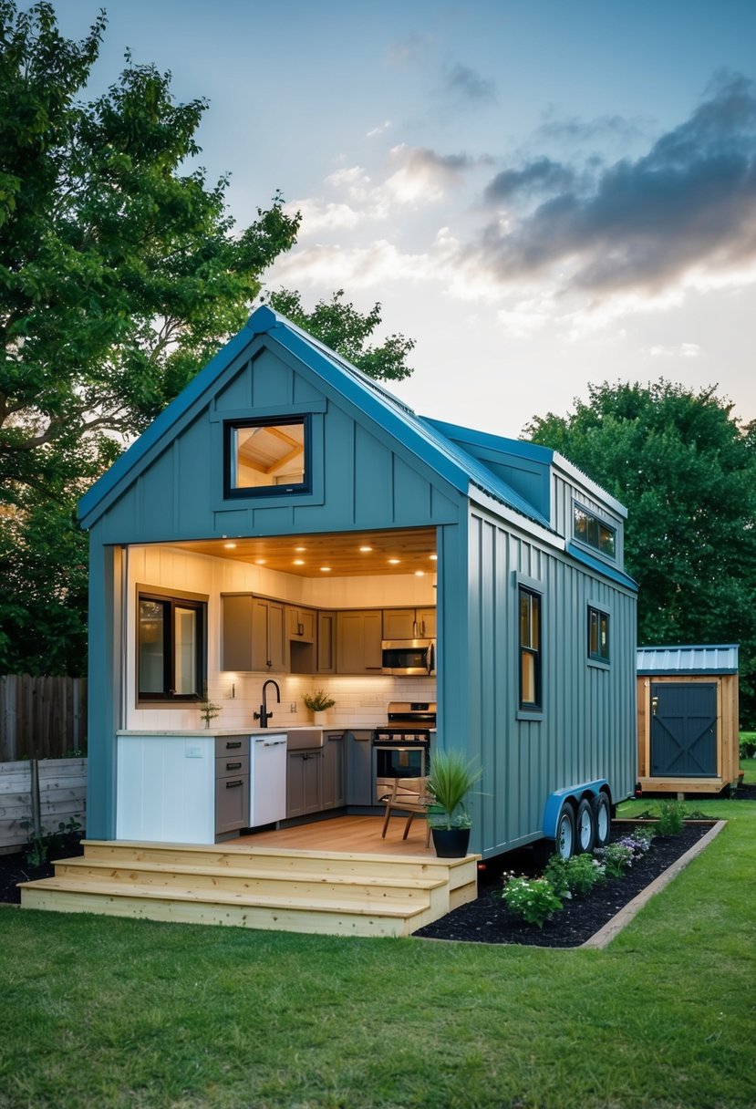 A 12x24 tiny house with a lofted bedroom, open living area, and compact kitchen. Outside, a small porch and garden with a shed for tools