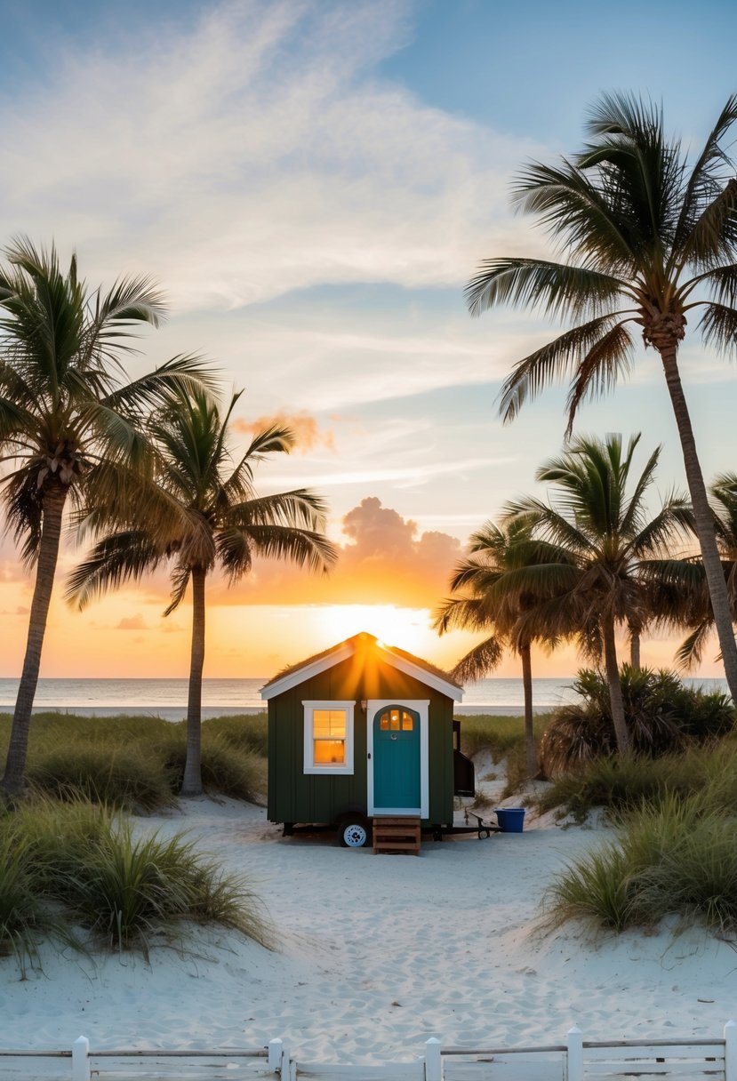 A cozy tiny house nestled among palm trees and sandy beaches in Florida, with the sun setting over the horizon