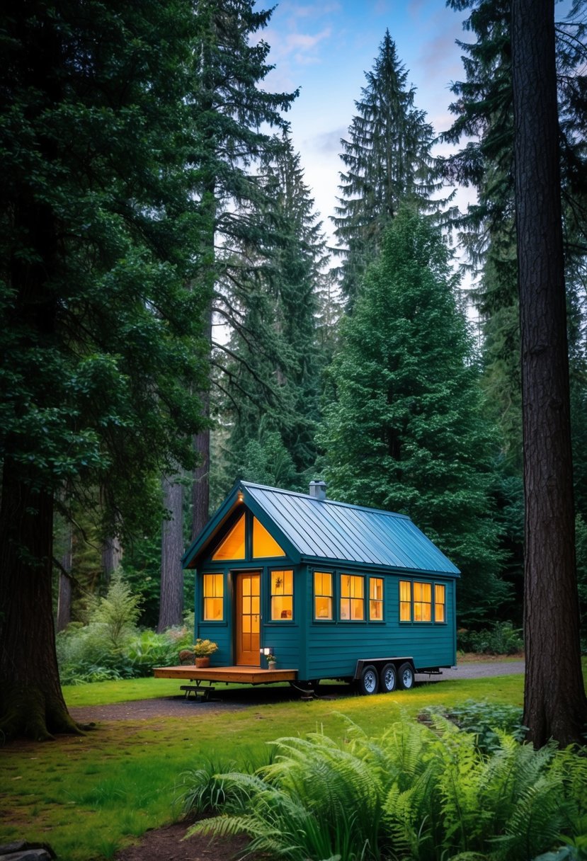 A picturesque tiny house nestled in the lush forests of Oregon, surrounded by towering trees and a serene natural landscape