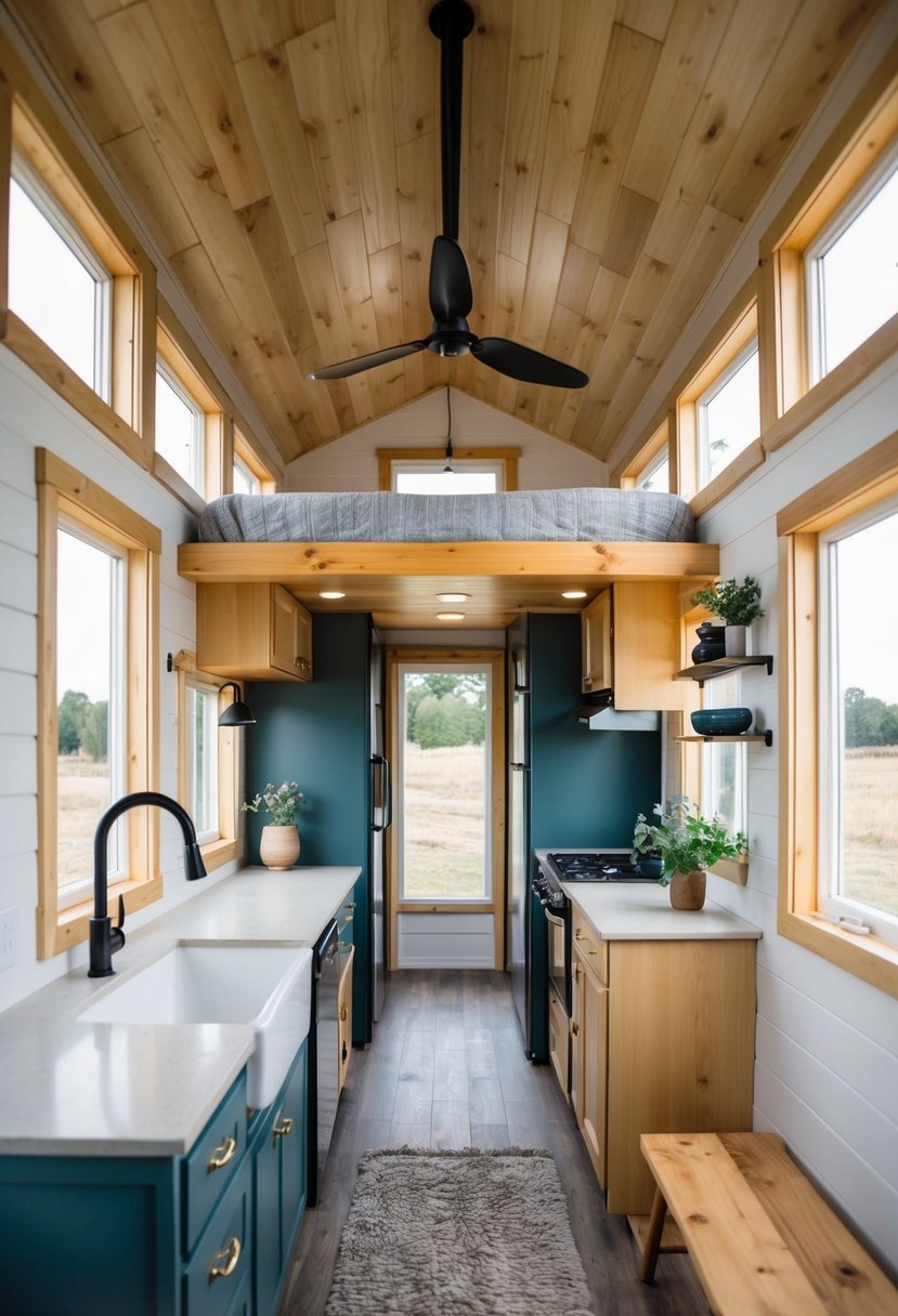 A cozy 12x32 tiny house with a loft bedroom, open living area, compact kitchen, and a small bathroom