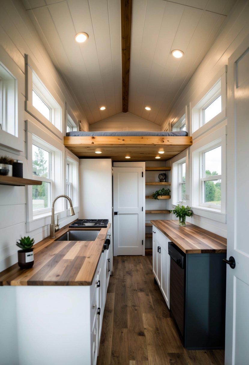 A cozy 12x32 tiny house with a loft. Open floor plan, compact kitchen, and a small living area. Loft space for sleeping or storage