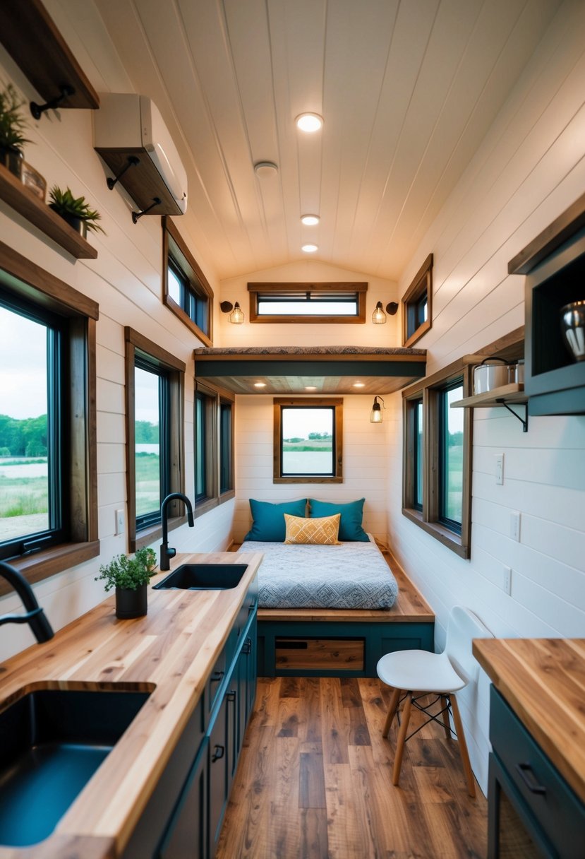 A cozy 12x32 tiny house with 1 bedroom, featuring a compact yet functional floor plan with a living area, kitchen, bathroom, and bedroom