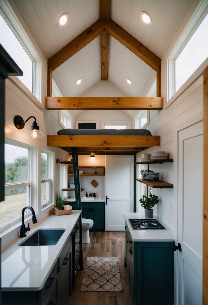 A cozy 12x32 tiny house with a loft, kitchen, living area, and bathroom