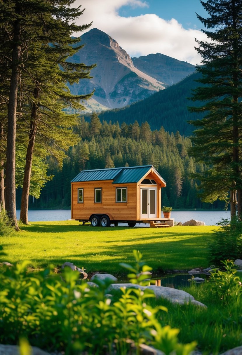 A tiny house nestled in a lush forest clearing, with a mountain backdrop and a serene lake nearby