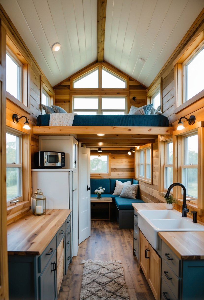 A cozy 12x32 tiny house with a loft bedroom, open living space, kitchen, and bathroom