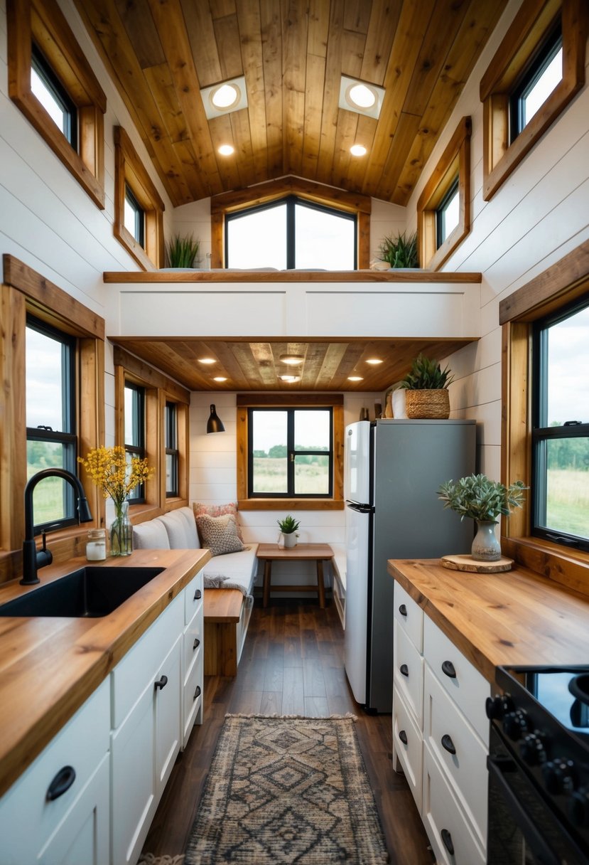 A cozy 12x32 tiny house with rustic charm, featuring a compact floor plan with a living area, kitchen, bathroom, and loft bedroom