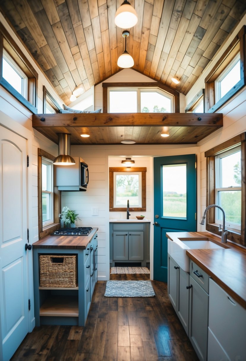 A cozy 12x32 tiny house with 1 bedroom, featuring a compact living area, kitchen, bathroom, and a loft space