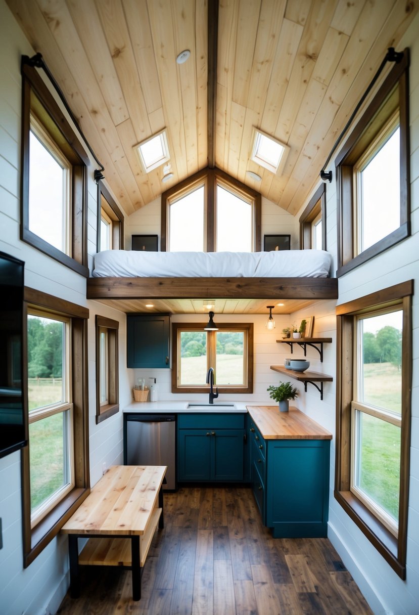 A cozy 12x24 tiny house with a double loft, featuring a compact living area, kitchen, and bathroom. Large windows let in plenty of natural light