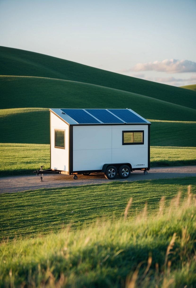 Elon Musk's tiny homes on a green, rolling landscape with sleek, futuristic design and solar panels